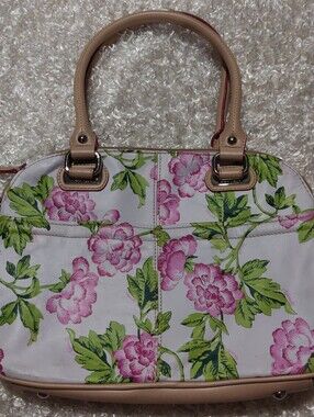 Women's Leather Floral Print Dome Satchel Handbag in Pink and Green Tiganello
